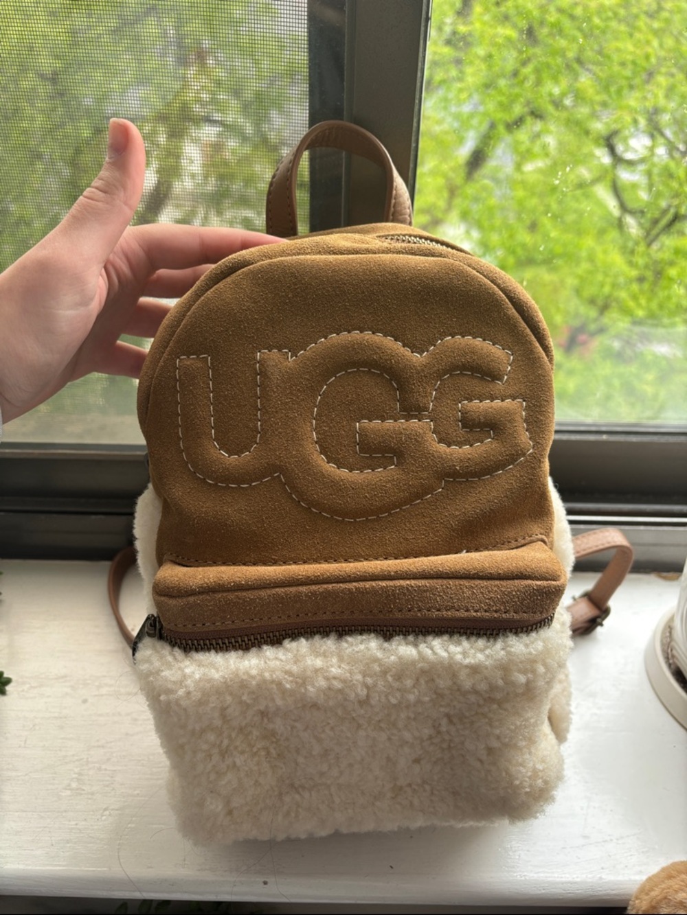 UGG Chestnut Suede and Cream Shearling Mini Backpack